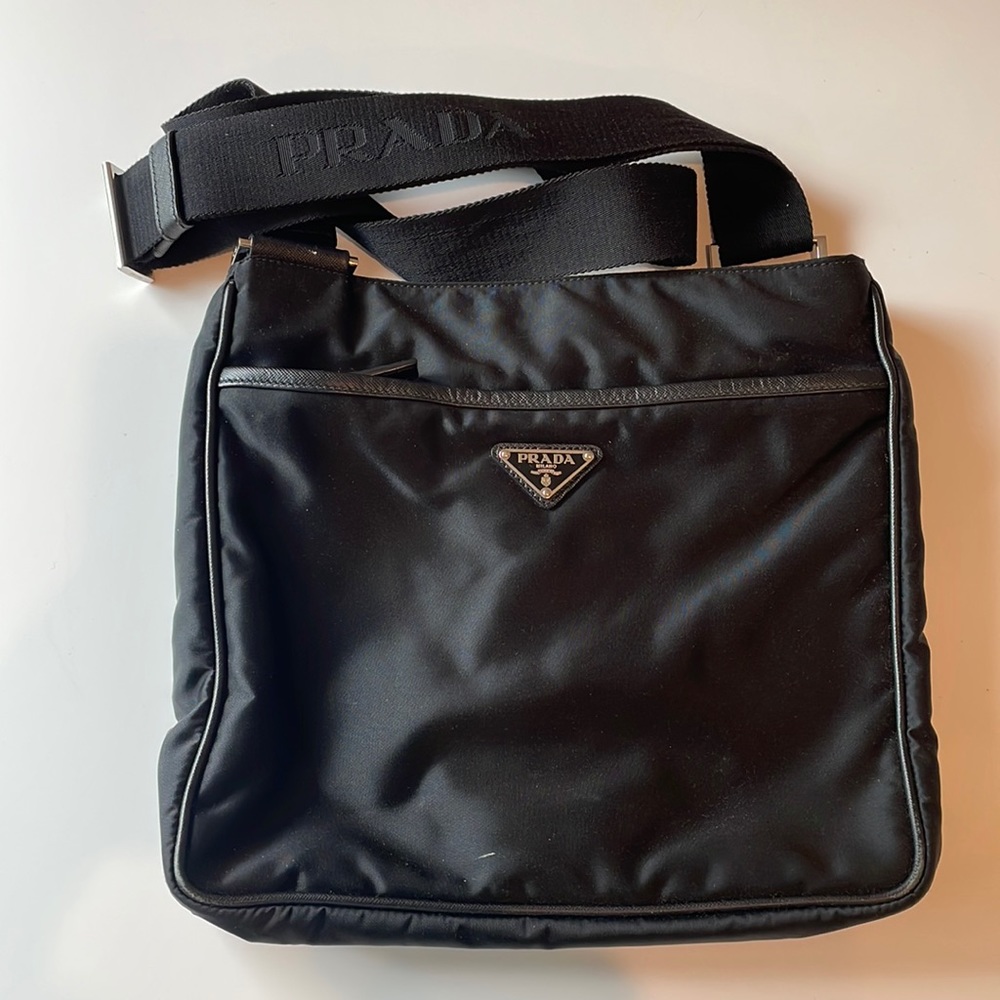 Re-Nylon and Saffiano leather shoulder bag, black